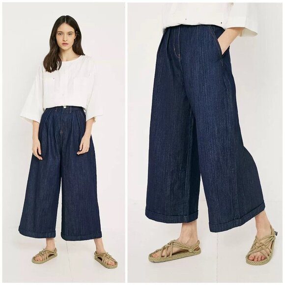 NWT L.F. Markey WIDE LEG Pleat Front Workwear Jeans Pants $189 Indigo Blue Women - Picture 1 of 12